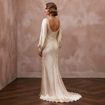1930s Bias-Cut Champagne Silk Satin Gown for Anniversary Cruise