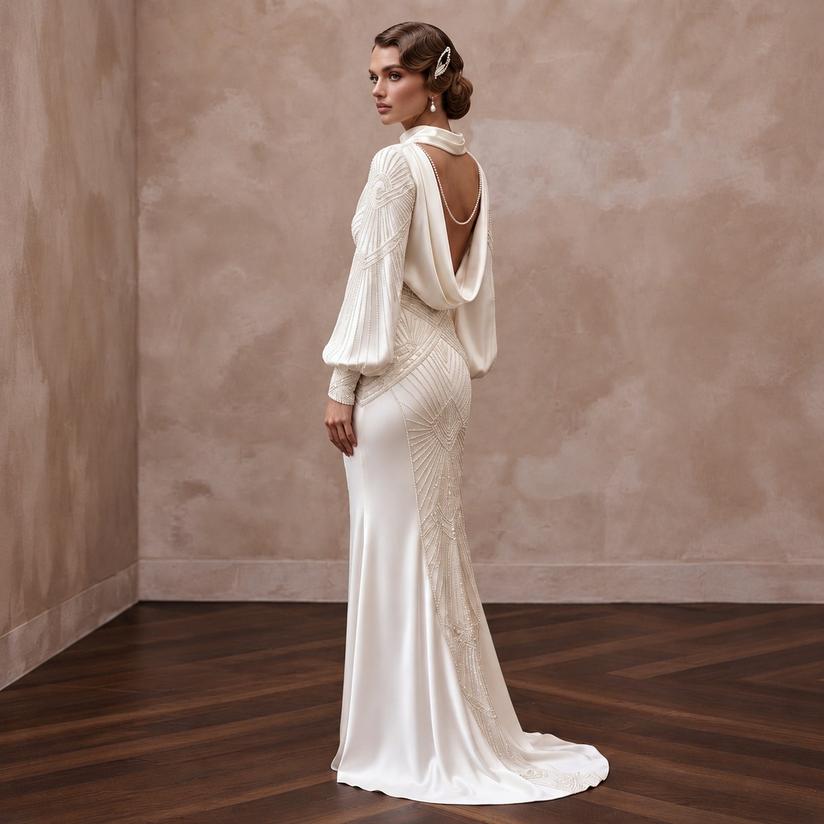1930s Inspired Satin Bridal Gown with Long Sleeves