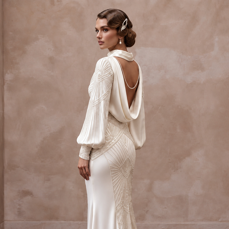 1930s Inspired Satin Bridal Gown with Long Sleeves