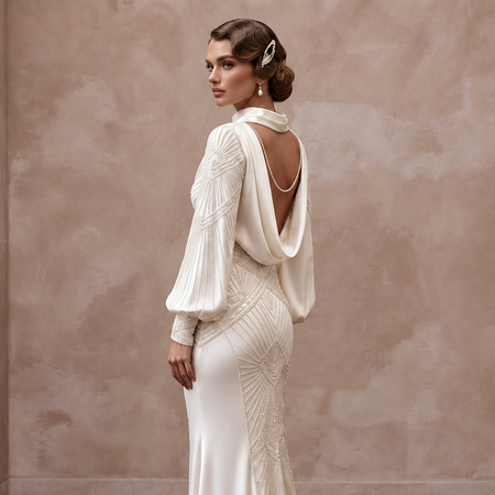 1930s Inspired Satin Bridal Gown with Long Sleeves
