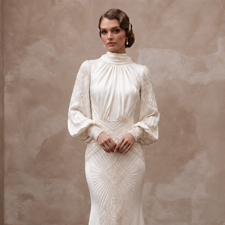 1930s Inspired Satin Bridal Gown with Long Sleeves
