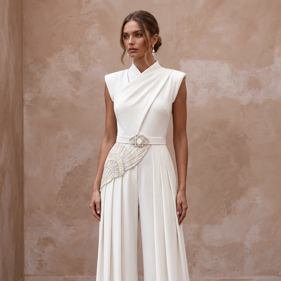 1940s-Inspired Ivory Crepe Bridal Jumpsuit for Hangar Elopement