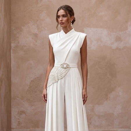 1940s-Inspired Ivory Crepe Bridal Jumpsuit for Hangar Elopement