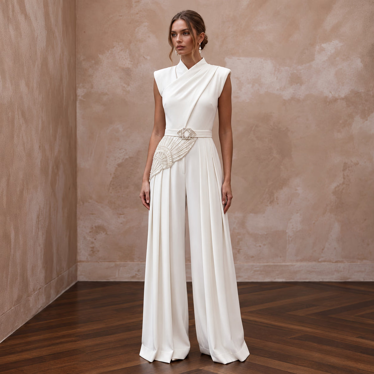 1940s - Inspired Ivory Crepe Bridal Jumpsuit for Hangar Elopement - Apparel & Accessories > Clothing > Wedding & Bridal Party Dresses > Wedding Dresses - Mignonette Bridal Main image