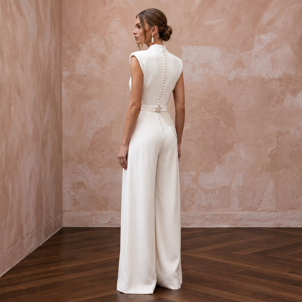 1940s-Inspired Ivory Crepe Bridal Jumpsuit for Hangar Elopement