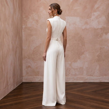 1940s-Inspired Ivory Crepe Bridal Jumpsuit for Hangar Elopement