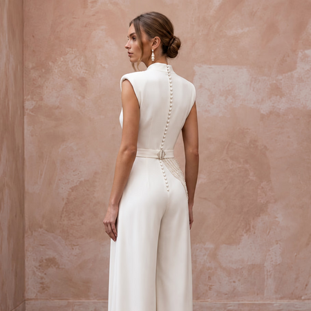 1940s-Inspired Ivory Crepe Bridal Jumpsuit for Hangar Elopement