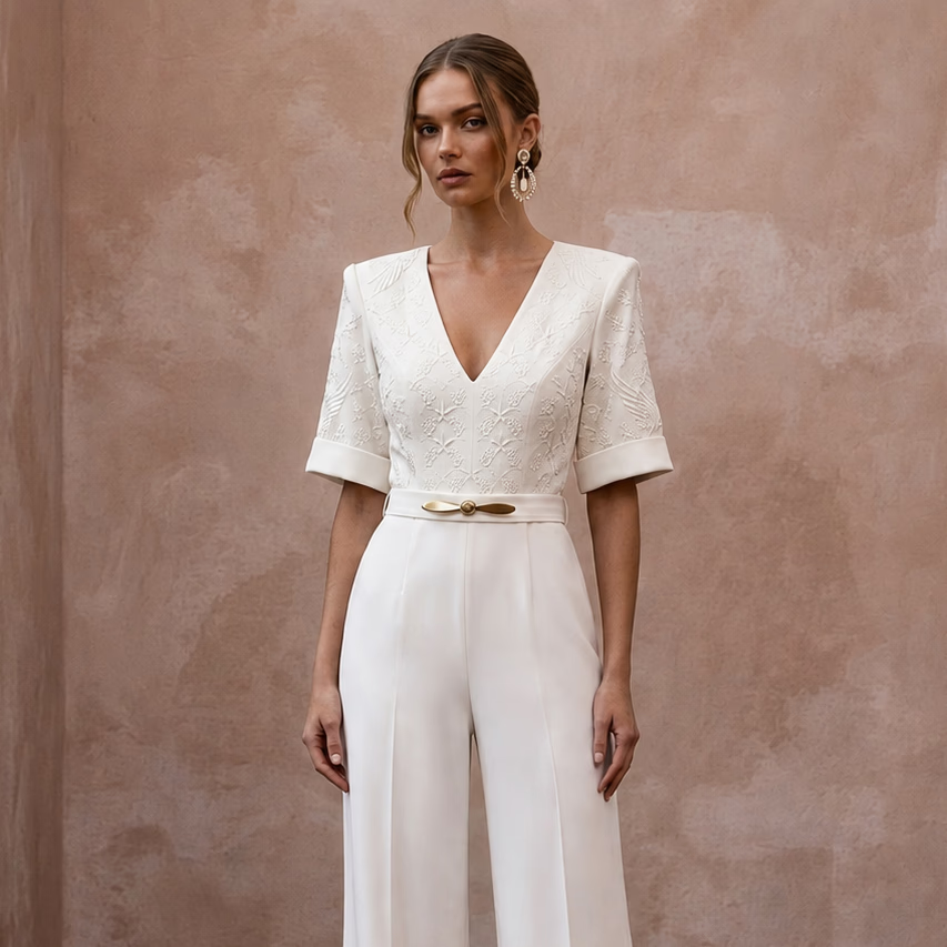 1940s - Inspired Ivory Crepe Jumpsuit for Hangar Elopement - Apparel & Accessories > Clothing > Wedding & Bridal Party Dresses > Wedding Dresses - Mignonette Bridal