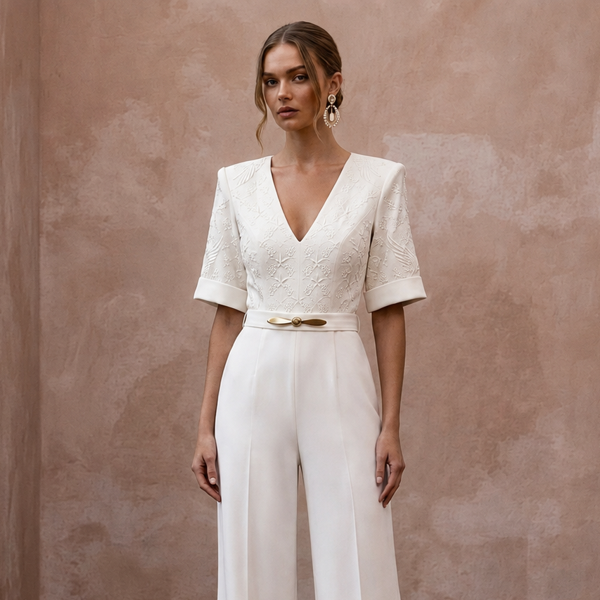 1940s-Inspired Ivory Crepe Jumpsuit for Hangar Elopement