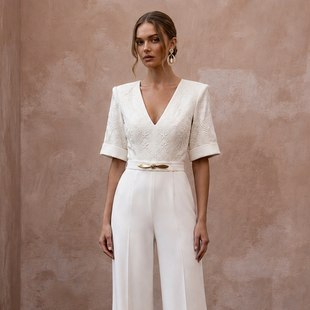 1940s-Inspired Ivory Crepe Jumpsuit for Hangar Elopement