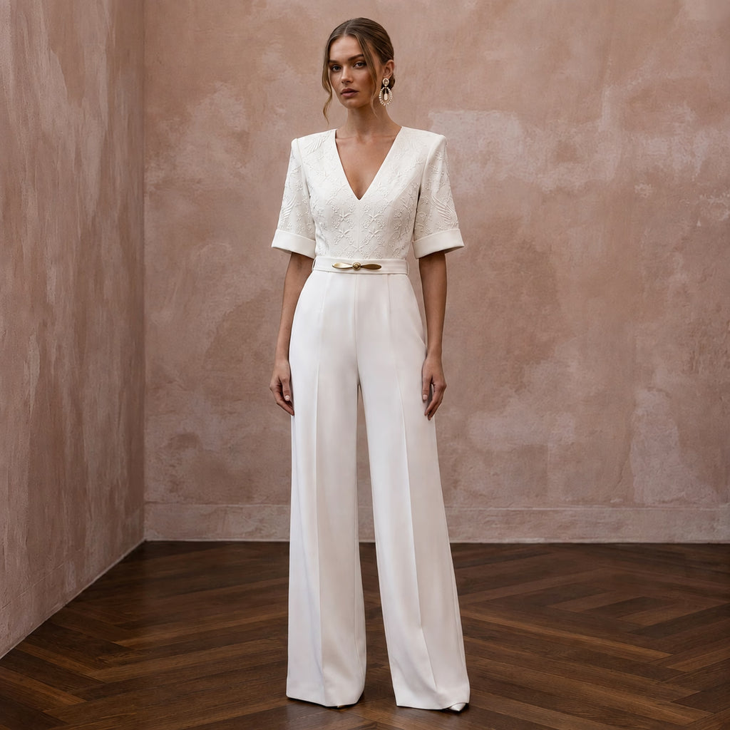 1940s - Inspired Ivory Crepe Jumpsuit for Hangar Elopement - Apparel & Accessories > Clothing > Wedding & Bridal Party Dresses > Wedding Dresses - Mignonette Bridal