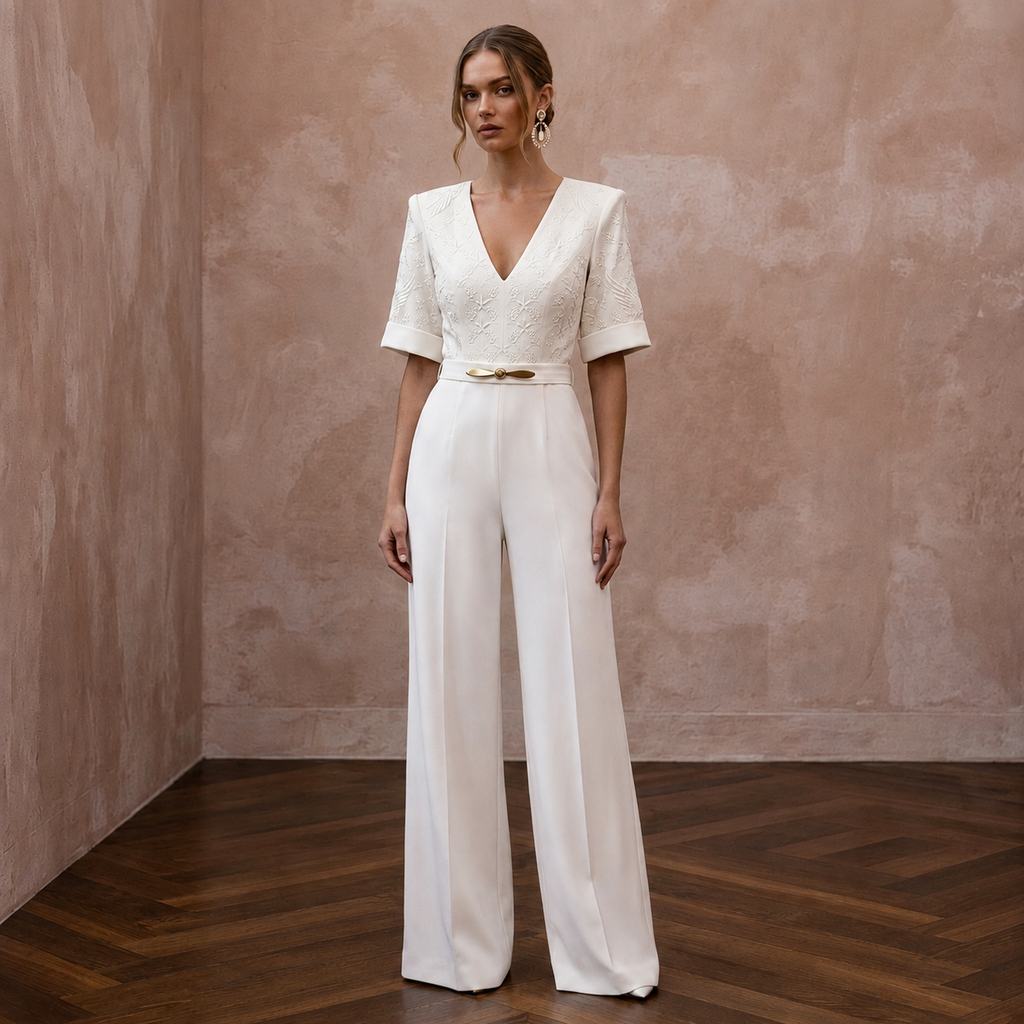 1940s-Inspired Ivory Crepe Jumpsuit for Hangar Elopement