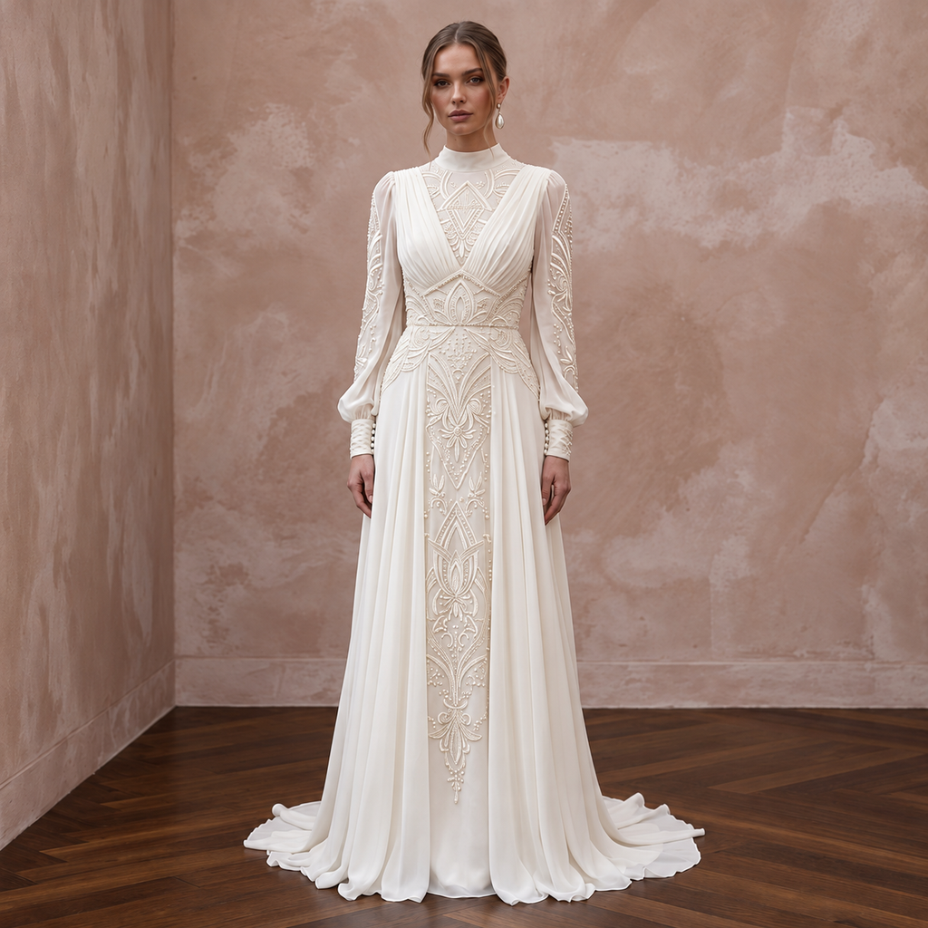 1940s Inspired Chiffon Wedding Dress with Long Sleeves