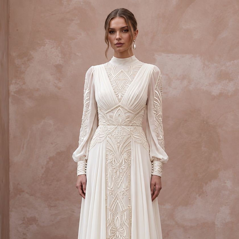 1940s Inspired Chiffon Wedding Dress with Long Sleeves