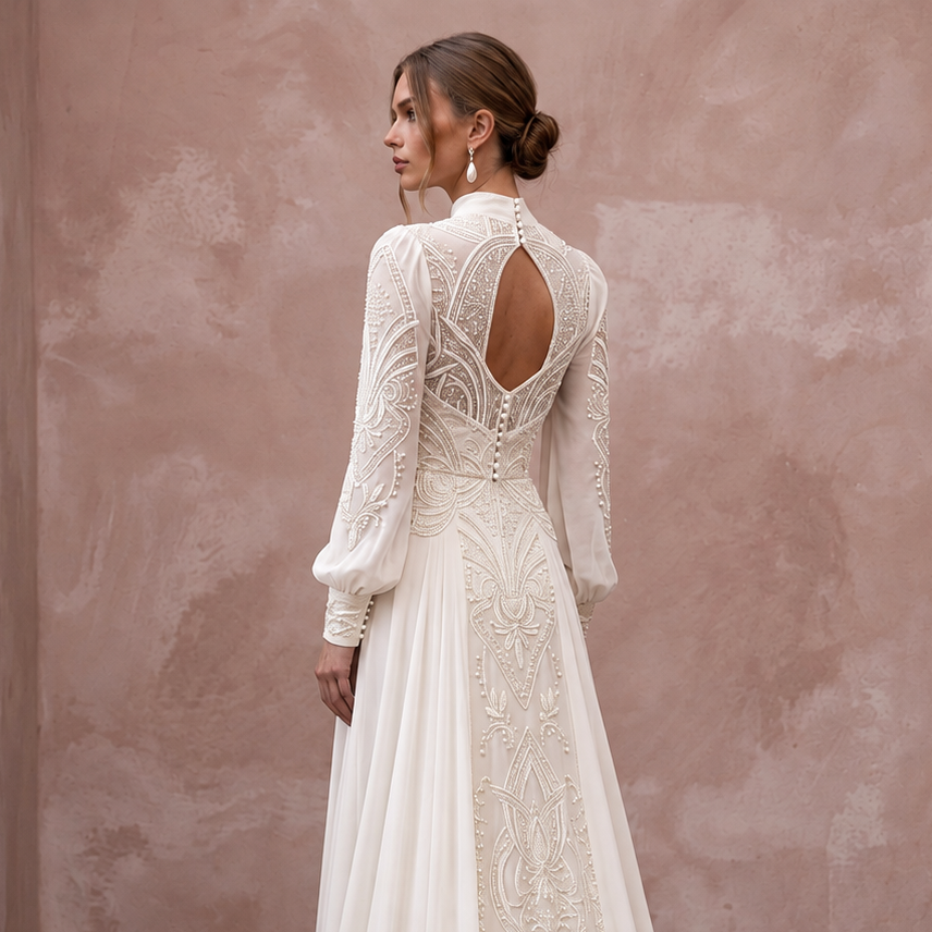 1940s Inspired Chiffon Wedding Dress with Long Sleeves