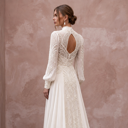1940s Inspired Chiffon Wedding Dress with Long Sleeves