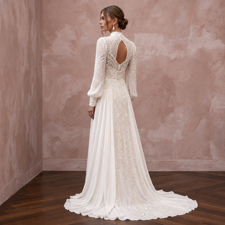 1940s Inspired Chiffon Wedding Dress with Long Sleeves