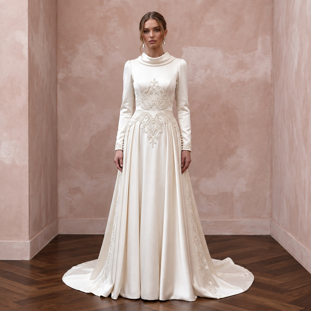 1940s Inspired Satin Bridal Dress with Long Sleeves