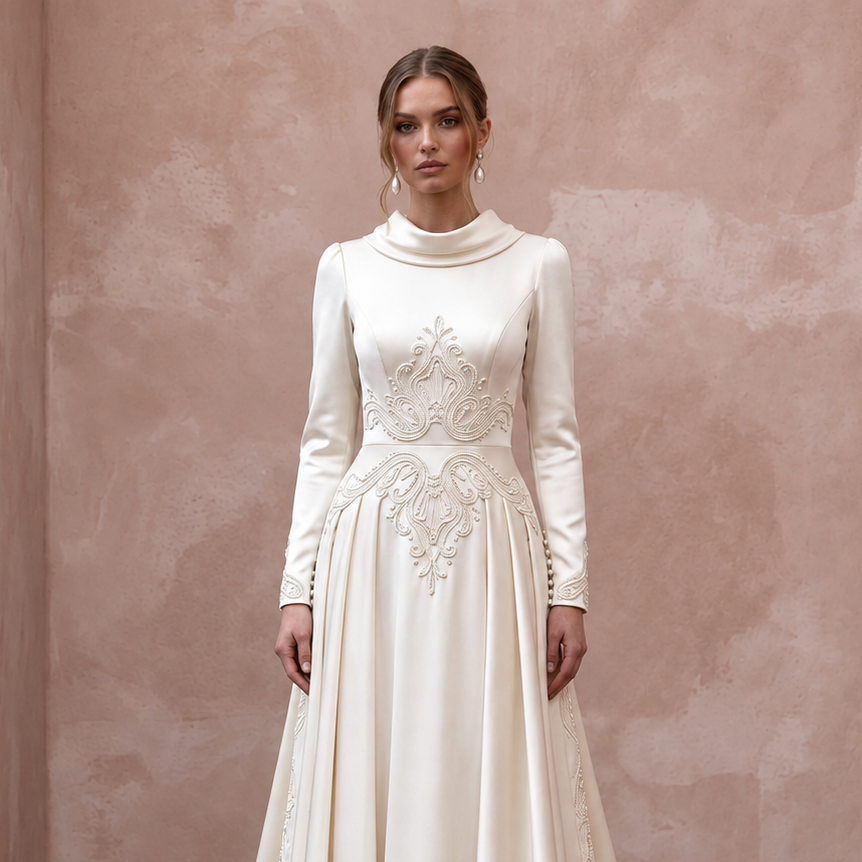 1940s Inspired Satin Bridal Dress with Long Sleeves