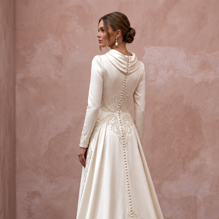 1940s Inspired Satin Bridal Dress with Long Sleeves