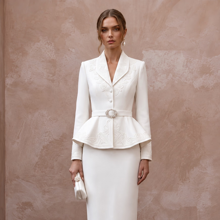 1940s Peplum White Crepe Bridal Suit for Rehearsal Dinner