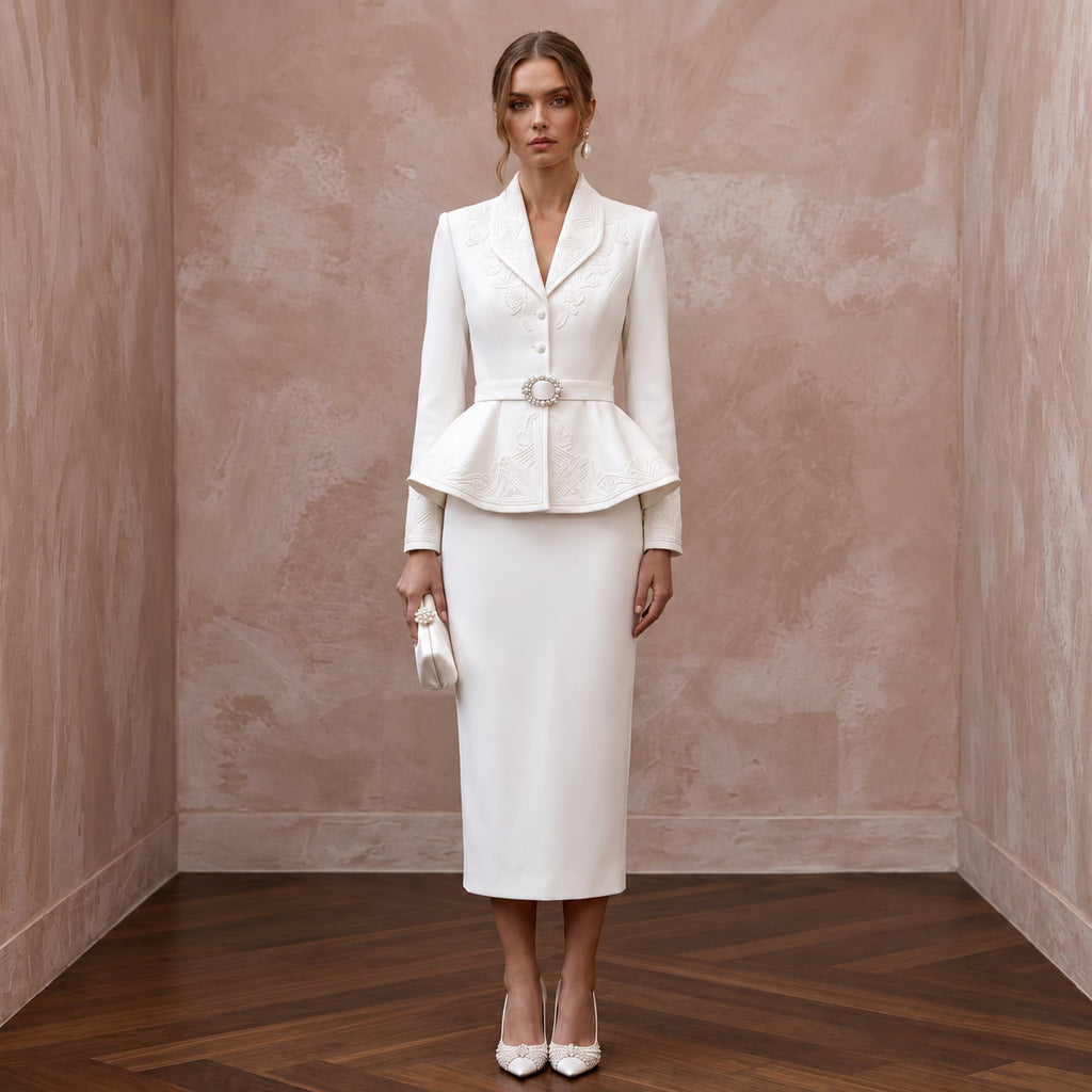 1940s Peplum White Crepe Bridal Suit for Rehearsal Dinner