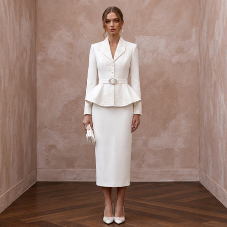 1940s Peplum White Crepe Bridal Suit for Rehearsal Dinner