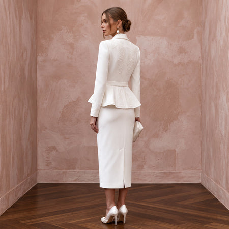 1940s Peplum White Crepe Bridal Suit for Rehearsal Dinner