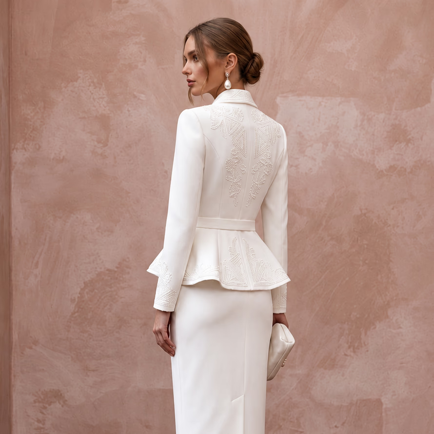 1940s Peplum White Crepe Bridal Suit for Rehearsal Dinner