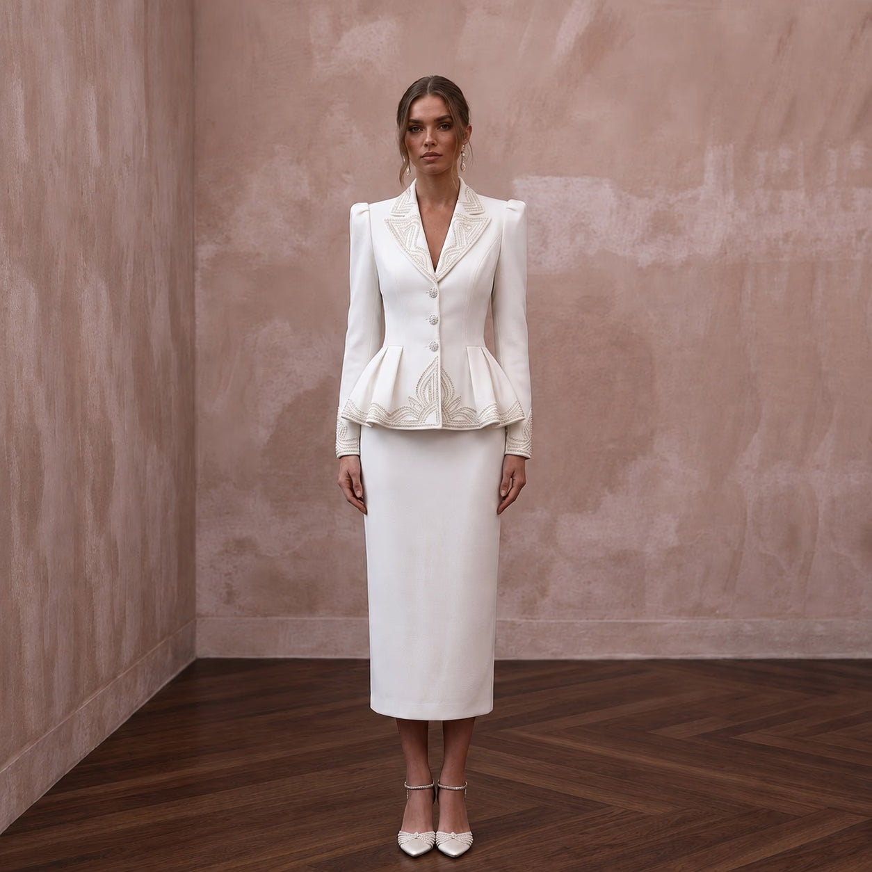 1940s Peplum White Crepe Suit for Rehearsal Dinner - Apparel & Accessories > Clothing > Wedding & Bridal Party Dresses > Wedding Dresses - Mignonette Bridal Main image