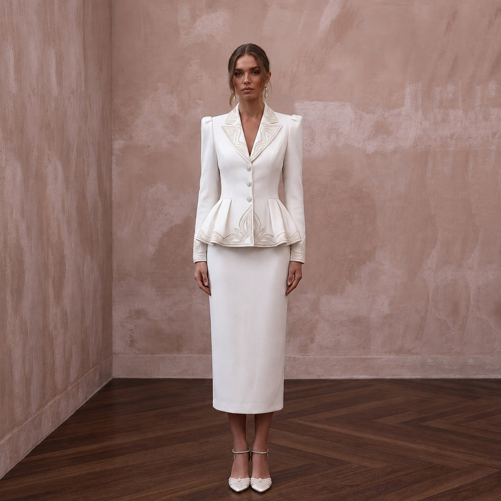 1940s Peplum White Crepe Suit for Rehearsal Dinner - Apparel & Accessories > Clothing > Wedding & Bridal Party Dresses > Wedding Dresses - Mignonette Bridal