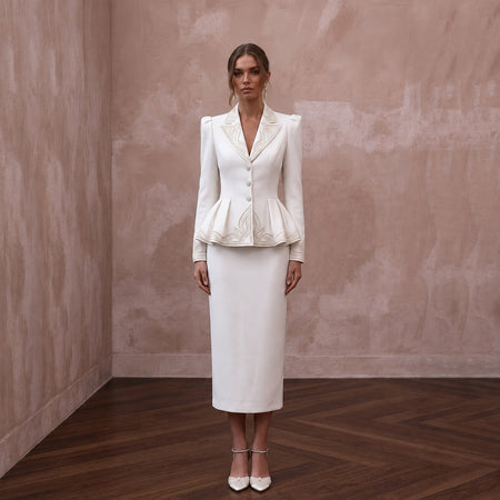 1940s Peplum White Crepe Suit for Rehearsal Dinner - Apparel & Accessories > Clothing > Wedding & Bridal Party Dresses > Wedding Dresses - Mignonette Bridal