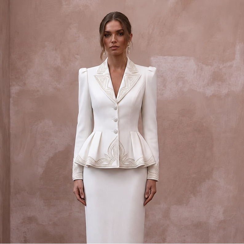 1940s Peplum White Crepe Suit for Rehearsal Dinner - Apparel & Accessories > Clothing > Wedding & Bridal Party Dresses > Wedding Dresses - Mignonette Bridal