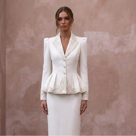 1940s Peplum White Crepe Suit for Rehearsal Dinner - Apparel & Accessories > Clothing > Wedding & Bridal Party Dresses > Wedding Dresses - Mignonette Bridal