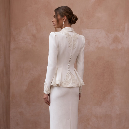 1940s Peplum White Crepe Suit for Rehearsal Dinner - Apparel & Accessories > Clothing > Wedding & Bridal Party Dresses > Wedding Dresses - Mignonette Bridal