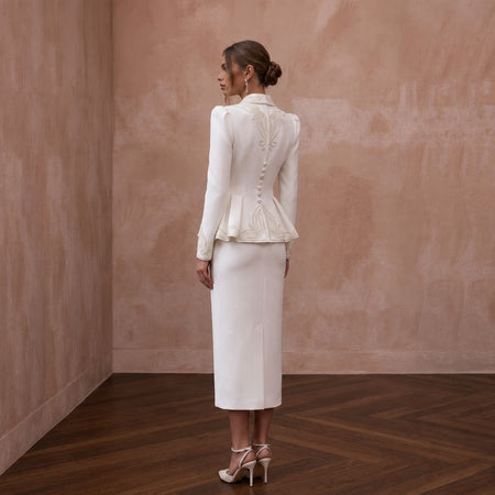 1940s Peplum White Crepe Suit for Rehearsal Dinner - Apparel & Accessories > Clothing > Wedding & Bridal Party Dresses > Wedding Dresses - Mignonette Bridal