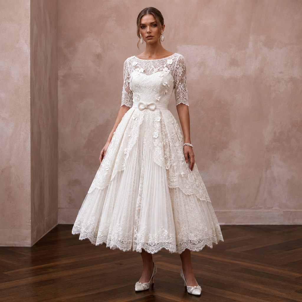 1950s Ivory Lace Tea-Length Swing Dress for Vow Renewal