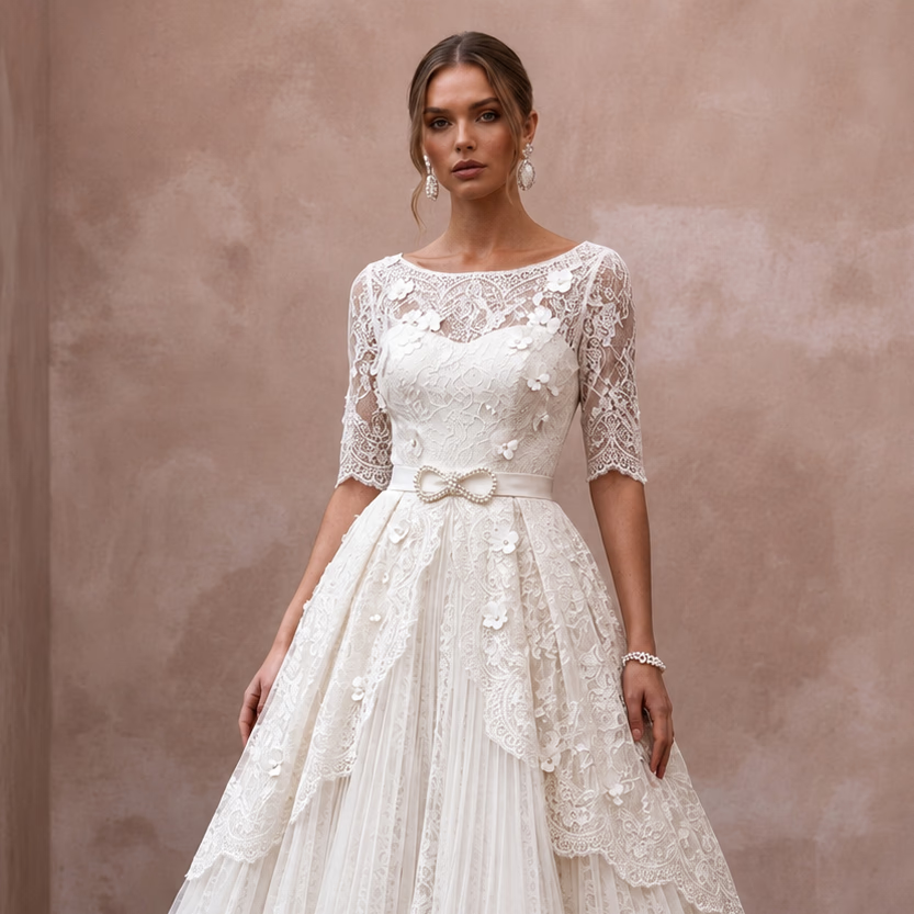 1950s Ivory Lace Tea - Length Swing Dress for Vow Renewal - Apparel & Accessories > Clothing > Wedding & Bridal Party Dresses > Wedding Dresses - Mignonette Bridal