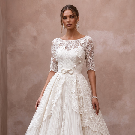 1950s Ivory Lace Tea - Length Swing Dress for Vow Renewal - Apparel & Accessories > Clothing > Wedding & Bridal Party Dresses > Wedding Dresses - Mignonette Bridal