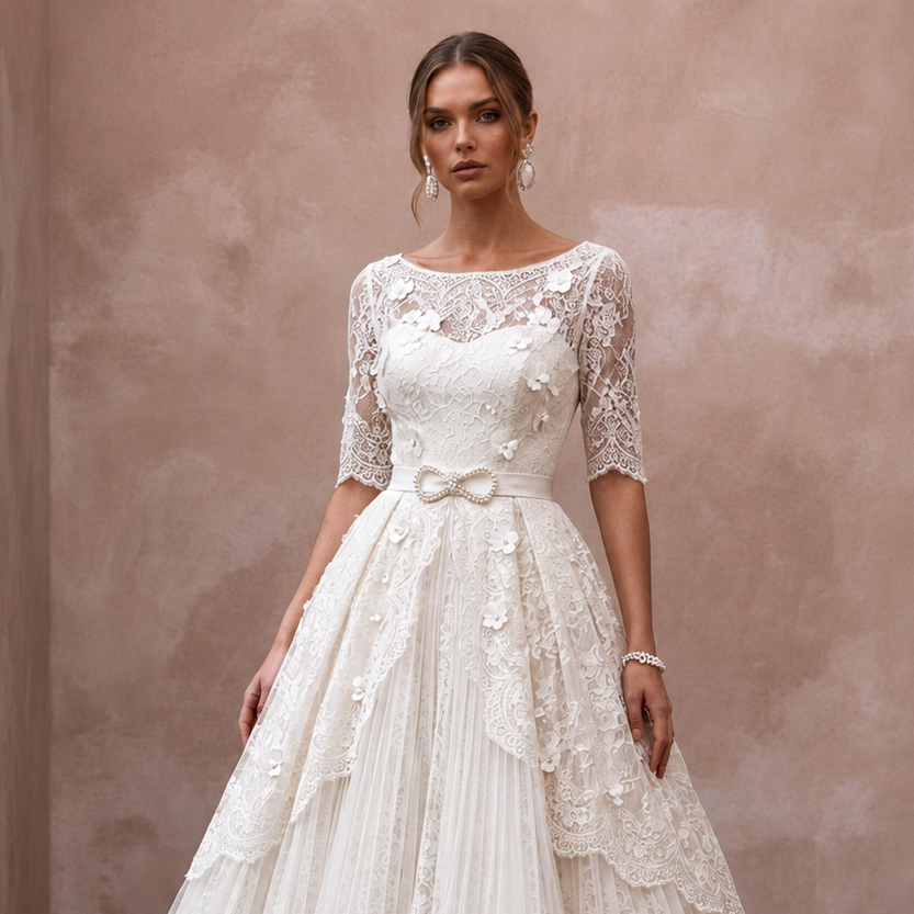 1950s Ivory Lace Tea-Length Swing Dress for Vow Renewal