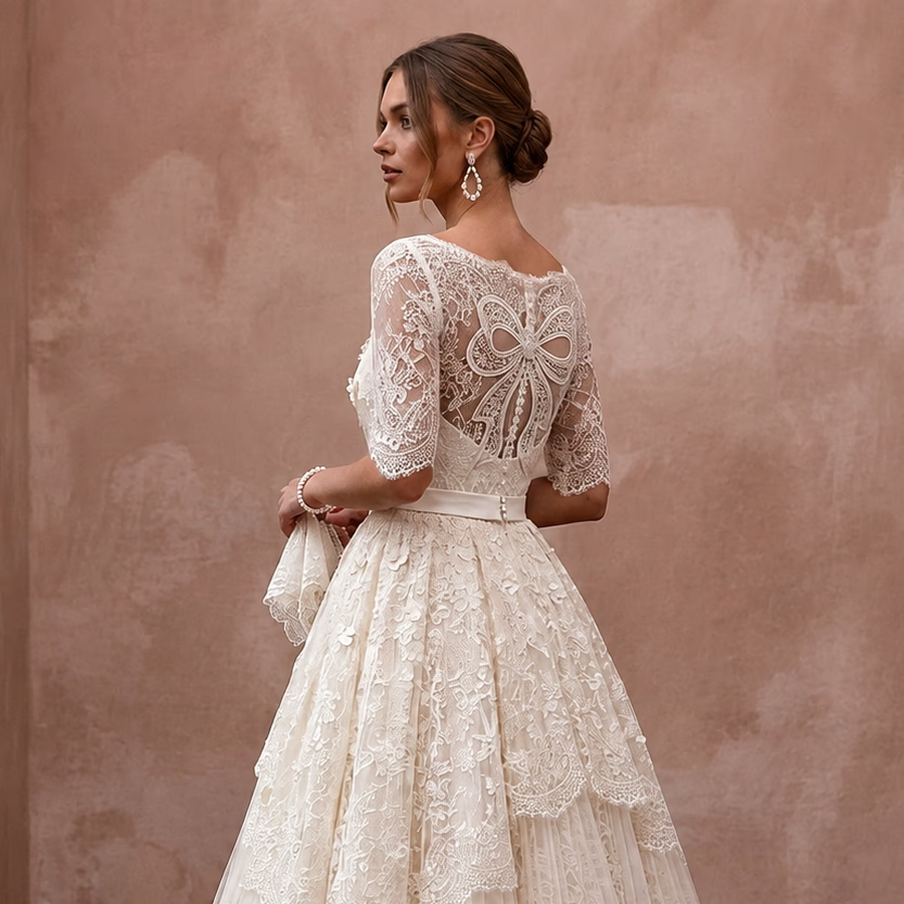 1950s Ivory Lace Tea - Length Swing Dress for Vow Renewal - Apparel & Accessories > Clothing > Wedding & Bridal Party Dresses > Wedding Dresses - Mignonette Bridal