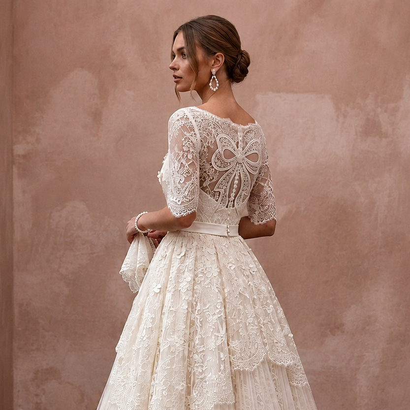 1950s Ivory Lace Tea-Length Swing Dress for Vow Renewal