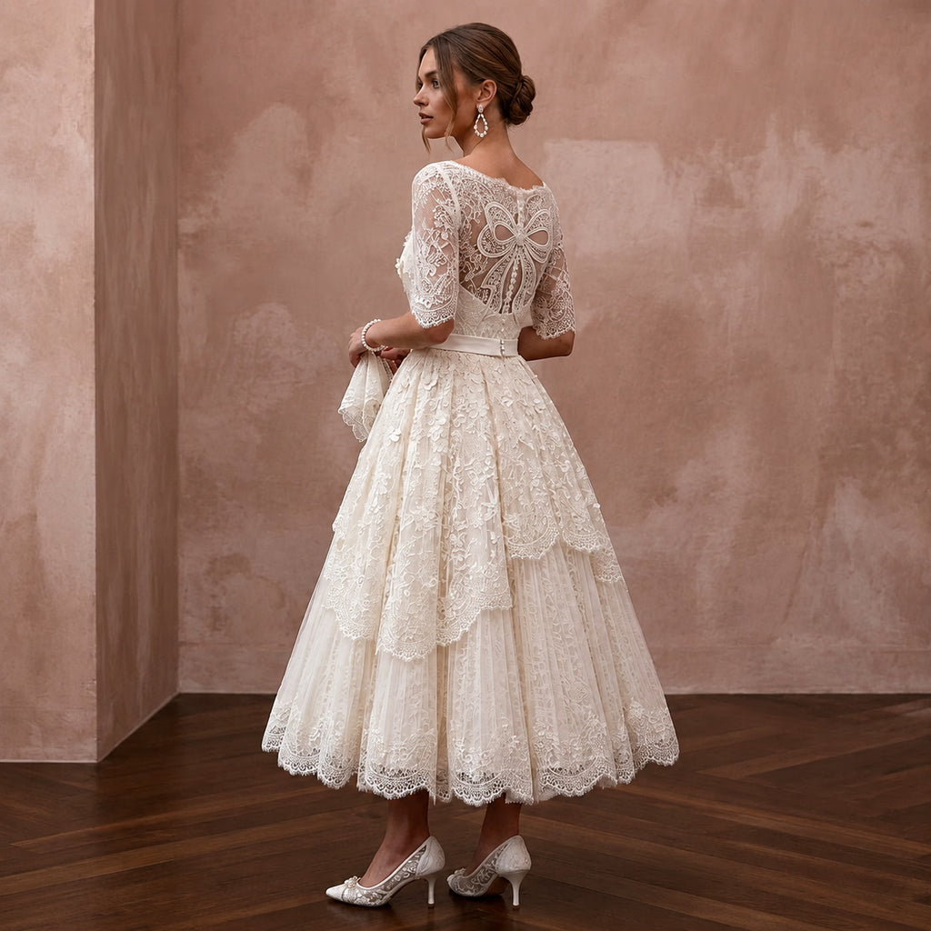 1950s Ivory Lace Tea - Length Swing Dress for Vow Renewal - Apparel & Accessories > Clothing > Wedding & Bridal Party Dresses > Wedding Dresses - Mignonette Bridal