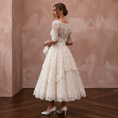 1950s Ivory Lace Tea - Length Swing Dress for Vow Renewal - Apparel & Accessories > Clothing > Wedding & Bridal Party Dresses > Wedding Dresses - Mignonette Bridal