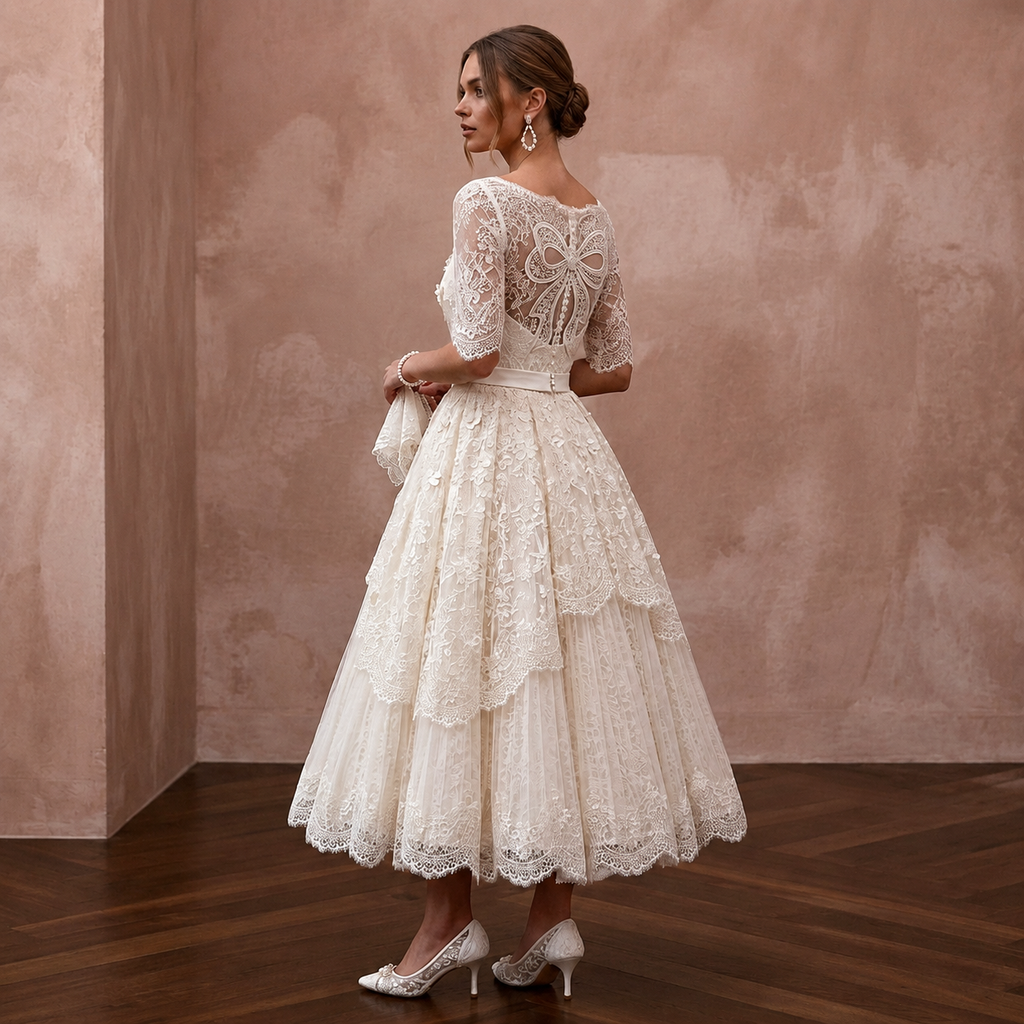 1950s Ivory Lace Tea-Length Swing Dress for Vow Renewal