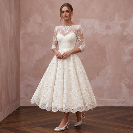 1950s Ivory Lace Tea - Length Swing Wedding Dress for Vow Renewal - Apparel & Accessories > Clothing > Wedding & Bridal Party Dresses > Wedding Dresses - Mignonette Bridal
