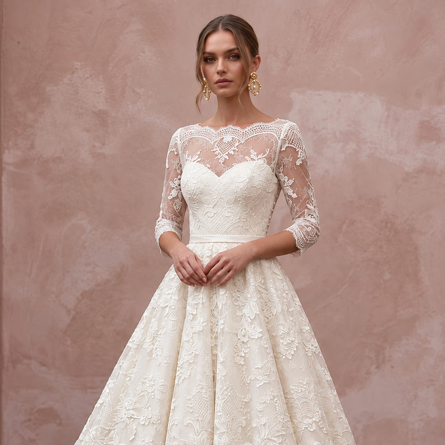 1950s Ivory Lace Tea - Length Swing Wedding Dress for Vow Renewal - Apparel & Accessories > Clothing > Wedding & Bridal Party Dresses > Wedding Dresses - Mignonette Bridal