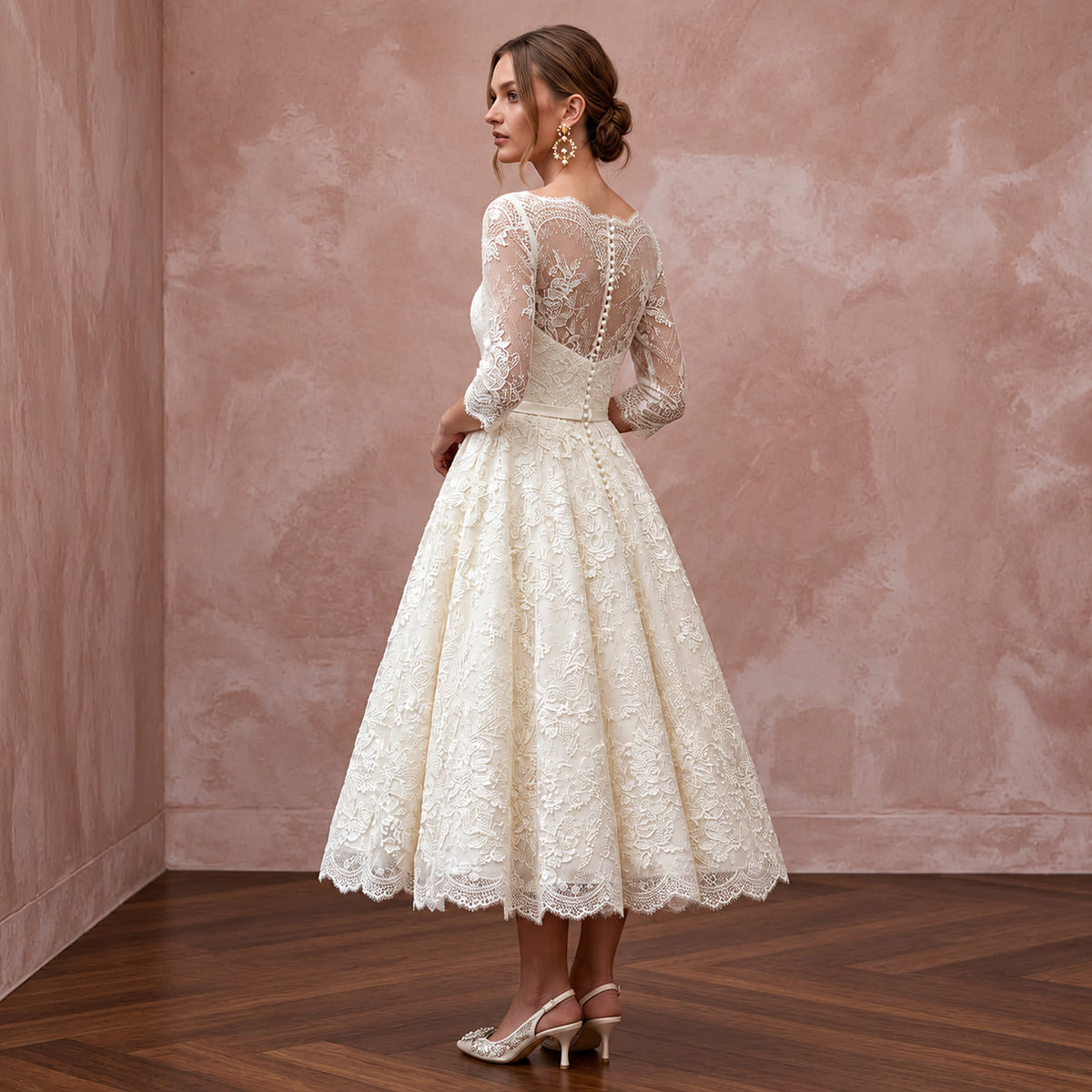 1950s Ivory Lace Tea - Length Swing Wedding Dress for Vow Renewal - Apparel & Accessories > Clothing > Wedding & Bridal Party Dresses > Wedding Dresses - Mignonette Bridal