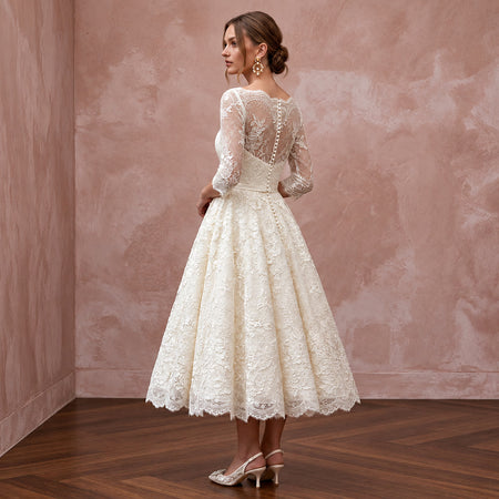 1950s Ivory Lace Tea - Length Swing Wedding Dress for Vow Renewal - Apparel & Accessories > Clothing > Wedding & Bridal Party Dresses > Wedding Dresses - Mignonette Bridal
