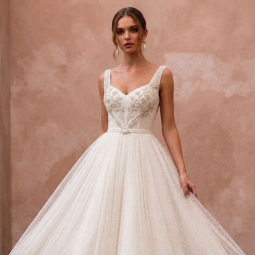 1950s Polka Dot Tulle Ivory Dress for Retro Diner Reception